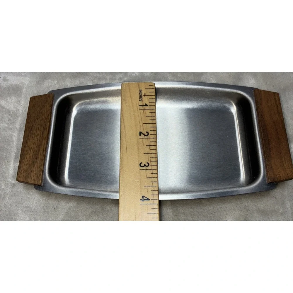Vintage Snack Tray Single Server Walnut Stainless Steel Flair By Foley 8x4